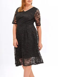 Women‘s Plus Size Curve Party Dress Lace Dress Cocktail Dress Midi Dress Black Pink Wine Half Sleeve Pure Color Lace Summer Spring Fall V Neck Fashion Birthday Wedding Guest Vacation 2023 -HANs Plus Size Style Shop asldvc1691564492373