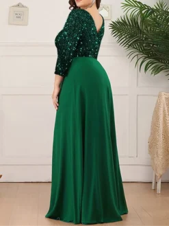 Women‘s Plus Size Curve Party Dress Sequin Dress Solid Color Long Dress Maxi Dress 3/4 Length Sleeve V Neck Fashion Party Dark Green Fall Spring XL XXL 3XL 4XL 5XL -HANs Plus Size Style Shop asrmpe1676962305610