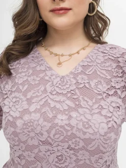 Women‘s Plus Size Curve Party Dress Lace Dress Cocktail Dress Midi Dress Black Pink Wine Half Sleeve Pure Color Lace Summer Spring Fall V Neck Fashion Birthday Wedding Guest Vacation 2023 -HANs Plus Size Style Shop astenf1691564488627