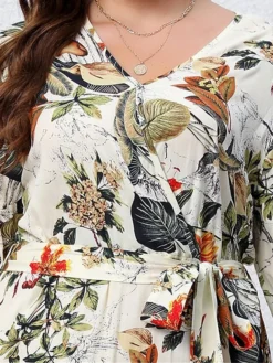 Women's Casual Dress Swing Dress Print Dress Leaf Floral Ruffle Print V Neck Long Dress Maxi Dress Fashion Streetwear Outdoor Daily Long Sleeve Regular Fit Blue Apricot Fall Winter XL XXL 3XL 4XL -HANs Plus Size Style Shop asygbg1697539484685