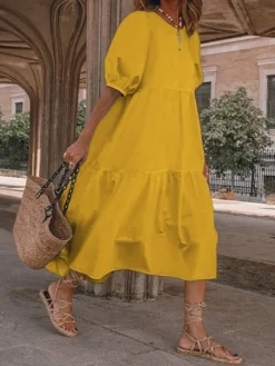 Women‘s Plus Size Curve Holiday Dress Solid Color Crew Neck Half Sleeve Fall Spring Casual Boho Maxi Long Dress Daily Vacation Dress Cotton -HANs Plus Size Style Shop atcisb1621240345827