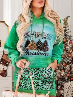 Women's Casual Dress Christmas Dress Hoodie Dress Leopard Tree Pocket Print Hooded Mini Dress Fashion Streetwear Outdoor Christmas Long Sleeve Regular Fit Green Fall Winter S M L XL XXL