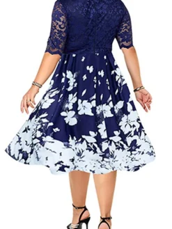 Women‘s Plus Size Curve Party Dress Cocktail Dress Work Dress Midi Dress Black Navy Blue Purple Half Sleeve Floral Lace Summer Spring Fall V Neck Fashion Wedding Guest Vacation Summer Dress 2023 -HANs Plus Size Style Shop atnrnn1690275883057
