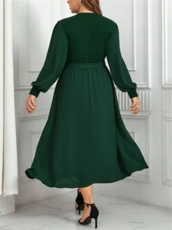 Women's Plus Size Curve Party Dress Winter Dress Sheath Dress Plain Midi Dress Long Sleeve Lace Up Ruched V Neck Fashion Party Green Fall Winter XL XXL 3XL 4XL -HANs Plus Size Style Shop augmzu1695031565356 1