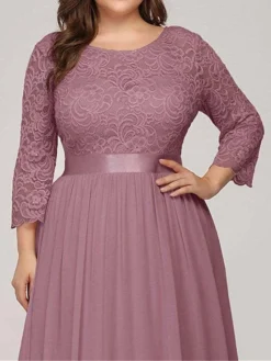 Women's Plus Size Curve Prom Dress Party Dress Lace Dress Long Dress Maxi Dress White Pink Wine 3/4 Length Sleeve Pure Color Lace Spring Fall Winter Crew Neck Fashion Birthday Evening Party -HANs Plus Size Style Shop autqwe1692156792887
