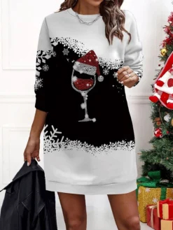 Women‘s Christmas Casual Dress Sweatshirt Dress Mini Dress Warm Fashion Outdoor Holiday Crew Neck Print Geometric Snowman Loose Fit Black Yellow Wine S M L XL XXL -HANs Plus Size Style Shop auuemt1695636224837