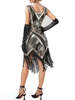 Women's Retro 1920s Fringe Dress Midi Dress Party Halloween Sequins Tassel Fringe Geometric V Neck Sleeveless Regular Fit Spring Fall 2023 Black Red XS S M L -HANs Plus Size Style Shop auvhkl1692947259037