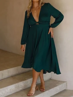 Women's Plus Size Curve Casual Dress Sheath Dress A Line Dress Plain Midi Dress Long Sleeve Lace Up Ruched V Neck Fashion Outdoor Green Fall Winter L XL XXL 3XL 4XL