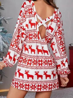 Women's Casual Dress Christmas Dress Sweatshirt Dress Animal Deer Backless Print Off Shoulder Bishop Sleeve Mini Dress Fashion Elegant Home Christmas Long Sleeve Loose Fit Red Green Fall Winter S M L -HANs Plus Size Style Shop avaacc1692874076998