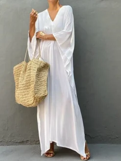 Women's Cover Up Beach Dress Beach Wear Long Dress Maxi Dress Split Basic Casual Plain V Neck 3/4 Length Sleeve Loose Fit Outdoor Daily White Yellow 2023 Spring Summer One Size -HANs Plus Size Style Shop avbolq1672912292990