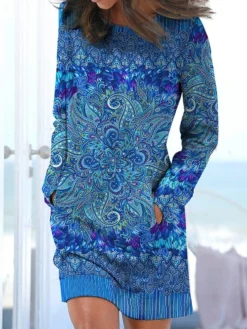 Women's Casual Dress Sweatshirt Dress Print Dress Graphic Pocket Print Crew Neck Mini Dress Fashion Classic Daily Vacation Long Sleeve Loose Fit Blue Fall Winter S M L XL XXL
