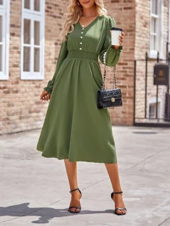 Women's Casual Dress Plain Dress Empire Waist Dresses Midi Dress Pleated Button Street Daily Holiday Fashion Streetwear V Neck Long Sleeve 2023 Loose Fit Black Blue Army Green Color S M L XL Size -HANs Plus Size Style Shop avdlmo1691148138669
