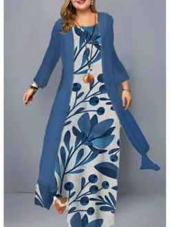 Women‘s Plus Size Curve Two Piece Dress Floral Crew Neck Print Long Sleeve Winter Fall Casual Maxi Long Dress Casual Daily Dress