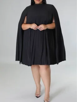 Women‘s Plus Size Curve Casual Dress Shift Dress Solid Color Midi Dress Long Sleeve Pleated Stand Collar Basic Daily Black White Fall Spring XL XXL 3XL 4XL 5XL -HANs Plus Size Style Shop avtulg1672817487739