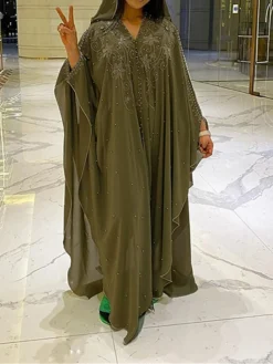 Women‘s Plus Size Curve Casual Dress Shift Dress Kaftan Dress Floral Long Dress Maxi Dress Long Sleeve Layered Hooded Elegant Outdoor Green Summer Spring One Size -HANs Plus Size Style Shop awbmfm1680240766417