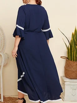 Women's Plus Size Curve Casual Dress Swing Dress A Line Dress Plain Long Dress Maxi Dress 3/4 Length Sleeve Patchwork Plus High Low Crew Neck Fashion Outdoor Dark Blue Fall Winter XL XXL 3XL 4XL -HANs Plus Size Style Shop awmgys1695266919447