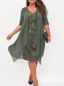 Women's Plus Size Curve Party Dress Cocktail Dress Wedding Guest Dress Midi Dress Green Half Sleeve Floral Lace Spring Fall Winter V Neck Fashion Wedding Guest Fall Dress 2023 L XL XXL 3XL 4XL 5XL