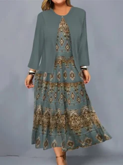 Women's Plus Size Curve Casual Dress Dress Set Two Piece Dress Geometric Gradient Midi Dress Long Sleeve Print Crew Neck Fashion Outdoor Blue Gold Fall Winter L XL XXL 3XL 4XL