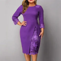 Women‘s Plus Size Curve Party Dress Solid Color Round Neck Lace 3 4 Length Sleeve Spring Fall Work Casual Prom Dress Knee Length Dress Casual Daily Dress -HANs Plus Size Style Shop awvvea1638524221037