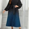 Women's Plus Size Curve Party Dress Casual Dress Sheath Dress Gradient Midi Dress Long Sleeve Lace Up Pleated V Neck Fashion Party Deep Blue Fall Winter XL XXL 3XL 4XL