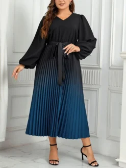 Women's Plus Size Curve Party Dress Casual Dress Sheath Dress Gradient Midi Dress Long Sleeve Lace Up Pleated V Neck Fashion Party Deep Blue Fall Winter XL XXL 3XL 4XL