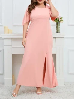 Women's Plus Size Party Dress Wedding Guest Dress Formal Dress Long Dress Maxi Dress Pink Half Sleeve Pure Color Ruffle Spring Fall Winter V Neck Fashion Birthday Evening Party Wedding Guest 2023 L -HANs Plus Size Style Shop awyhep1693535296947