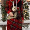Women's Christmas Dress Hoodie Dress Mini Dress Warm Fashion Outdoor Christmas Holiday Hoodie Print Geometric Cat Loose Fit Wine S M L XL XXL