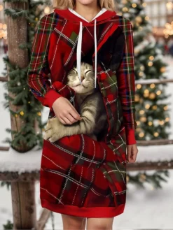 Women's Christmas Dress Hoodie Dress Mini Dress Warm Fashion Outdoor Christmas Holiday Hoodie Print Geometric Cat Loose Fit Wine S M L XL XXL
