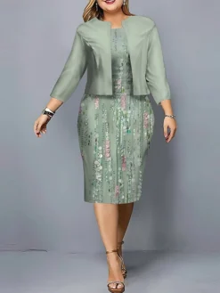 Women's Plus Size Curve Casual Dress Dress Set Two Piece Dress Floral Geometric Midi Dress Long Sleeve Print Crew Neck Fashion Outdoor Light Green Blue Fall Winter L XL XXL 3XL 4XL -HANs Plus Size Style Shop axctym1695808192681