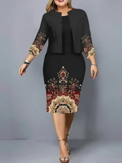 Women's Plus Size Curve Casual Dress Dress Set Two Piece Dress Floral Midi Dress Long Sleeve Print Crew Neck Fashion Outdoor Black Wine Fall Winter L XL XXL 3XL 4XL -HANs Plus Size Style Shop axqibq1695362720490
