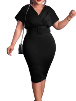 Women‘s Plus Size Curve Easter Dress Work Dress Solid Color V Neck Short Sleeve Spring Dress Fall Work Formal Knee Length Dress Date Vacation Dress -HANs Plus Size Style Shop ayakxt1661334437044