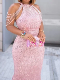 Women‘s Plus Size Curve Party Dress Sequin Dress Solid Color Turtleneck Sequins Sleeveless Spring Fall Elegant Formal Maxi Long Dress Formal Party Dress Sequin Dress -HANs Plus Size Style Shop ayanuw1663740649389