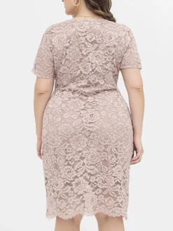 Women's Plus Size Curve Party Dress Lace Dress Cocktail Dress Midi Dress Black Pink Wine Short Sleeve Pure Color Lace Summer Spring Fall V Neck Fashion Birthday Wedding Guest Vacation XL XXL 3XL 4XL -HANs Plus Size Style Shop aydugg1692165631596