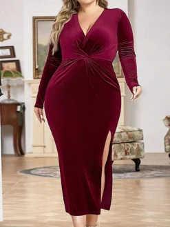 Women's Plus Size Curve Party Dress Wine Red Velvet Dress Bodycon Plain Midi Dress Long Sleeve Split V Neck Fashion Party Fall Winter -HANs Plus Size Style Shop ayhpmg1695026705839