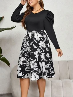 Women's Plus Size Curve Casual Dress Winter Dress Sheath Dress Floral Midi Dress Long Sleeve Ruched Print Crew Neck Fashion Outdoor Black Fall Winter XL XXL 3XL 4XL -HANs Plus Size Style Shop aykbqw1695095530959