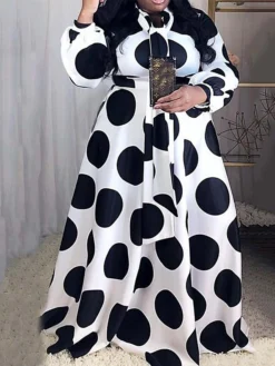 Women's Plus Size Work Dress Swing Dress Black Dress Fashion Long Dress Maxi Dress Lace Up Print High Neck Long Sleeve Polka Dot Loose Fit Black Spring Fall L XL XXL 3XL 4XL