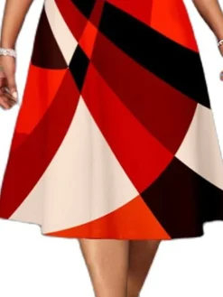 Women‘s Plus Size Curve Work Dress A Line Dress Stripe Midi Dress 3/4 Length Sleeve Print Crew Neck Elegant Office Red Fall Spring XL XXL 3XL 4XL 5XL -HANs Plus Size Style Shop aywynp1673001007781