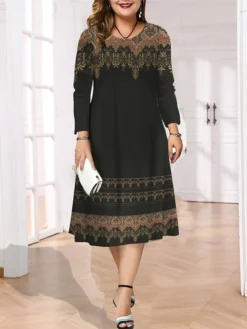Women's Plus Size Curve Casual Dress Ethnic Dress Skater Dress Floral Geometric Midi Dress Long Sleeve Print Crew Neck Mature Outdoor Black Wine Fall Winter L XL XXL 3XL 4XL