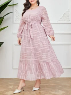 Women's Plus Size Prom Dress Party Dress Wedding Guest Dress Long Dress Maxi Dress Pink Long Sleeve Pure Color Lace Up Fall Winter Autumn Crew Neck Fashion Winter Dress Evening Party Wedding Guest -HANs Plus Size Style Shop azgdup1693535316167