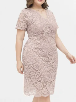 Women's Plus Size Curve Party Dress Lace Dress Cocktail Dress Midi Dress Black Pink Wine Short Sleeve Pure Color Lace Summer Spring Fall V Neck Fashion Birthday Wedding Guest Vacation XL XXL 3XL 4XL -HANs Plus Size Style Shop azgkrd1692165634171
