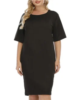 Women‘s Plus Size Curve Work Dress Sheath Dress Black Dress Fashion Midi Dress Cut Out Crew Neck Half Sleeve Plain Regular Fit Black Summer Spring L XL XXL 3XL 4XL -HANs Plus Size Style Shop azkoig1691463948084