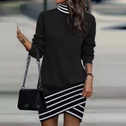 Women's Sweatshirt Dress Winter Dress Shift Dress Midi Dress Black And White Black Gray Black And White Stripes 3/4 Length Sleeve Print Print Fall Winter Autumn Turtleneck Fashion 2023 S M L XL 2XL -HANs Plus Size Style Shop azpfcf1692265338195