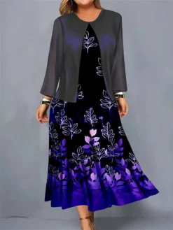 Women's Plus Size Curve Casual Dress Dress Set Two Piece Dress Leaf Gradient Midi Dress Long Sleeve Print Crew Neck Mature Outdoor Yellow Red Fall Winter L XL XXL 3XL 4XL -HANs Plus Size Style Shop aztmbq1695026888433