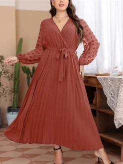 Women's Plus Size Prom Dress Party Dress Wedding Guest Dress Long Dress Maxi Dress Red Long Sleeve Pure Color Lace Up Fall Winter Autumn V Neck Fashion Winter Dress Evening Party Wedding Guest 2023 L