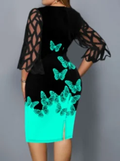 Women‘s Plus Size Curve Party Dress Butterfly Crew Neck Print 3/4 Length Sleeve Spring Fall Work Casual Sexy Prom Dress Midi Dress Daily Work Dress -HANs Plus Size Style Shop badipi1627617593153