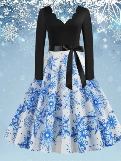 Women's Christmas Swing Dress Vintage DressKnee Length Dress Green Blue Wine Light Red Dark Green Red Long Sleeve Floral Snowman Tree Bow Print Fall Winter V Neck Vintage Fashion Casual 2022 S M L -HANs Plus Size Style Shop bafqlc1668077090170