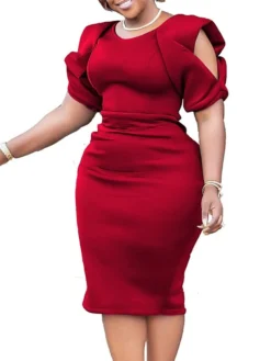 Women‘s Plus Size Curve Party Dress Solid Color V Neck Short Sleeve Spring Fall Work Formal Midi Dress Party Date Dress -HANs Plus Size Style Shop bakddw1661334432116