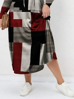 Women's Plus Size Curve Hoodie Dress Casual Dress Winter Dress Plaid Long Dress Maxi Dress Long Sleeve Pocket Print Hooded Fashion Outdoor Gray Fall Winter L XL XXL 3XL 4XL -HANs Plus Size Style Shop banixw1697633303853