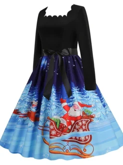 Women's Christmas Casual Dress Vintage Dress Midi Dress Black Blue Wine Long Sleeve Santa Claus Bow Winter Fall Spring Square Neck Vacation Christmas Daily Vacation 2022 S M L XL XXL 3XL -HANs Plus Size Style Shop baomkc1667637127531