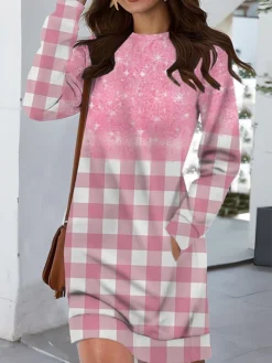 Women's Casual Dress Sweatshirt Dress Mini Dress Warm Fashion Outdoor Vacation Going Out Crew Neck Pocket Print Geometric Loose Fit Pink Blue Orange S M L XL XXL